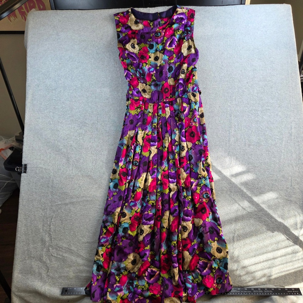 Vintage Floral Maxi Dress Women Medium Purple Pink Sleeveless Poppy Print